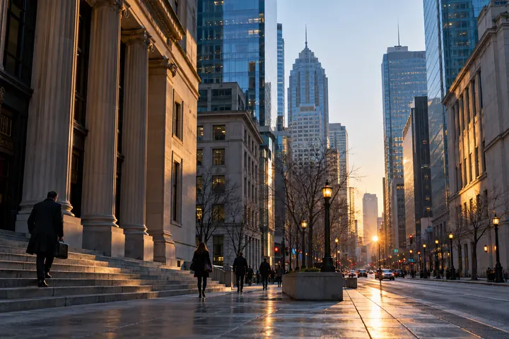 Canadian financial district at dawn with realistic glass and stone office buildings