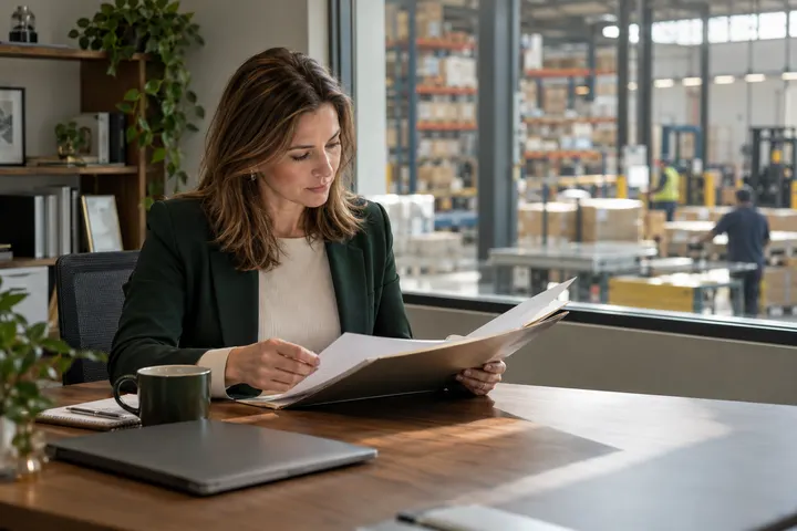 A finance leader assessing cash needs in an office overlooking business operations