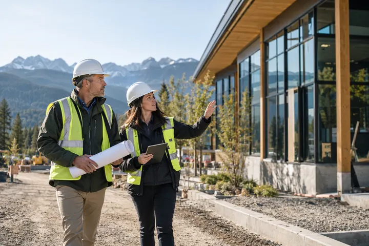 An owner representative and architect reviewing progress outside a Canadian building