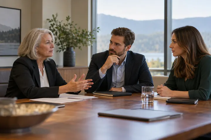 Family business owners discussing a transition around a modest boardroom table