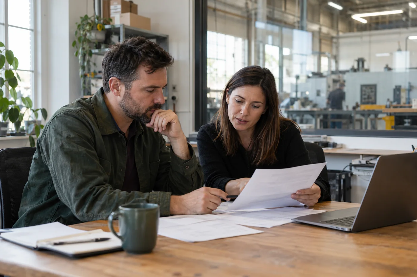Business owner reviewing financing plans beside a manufacturing workshop