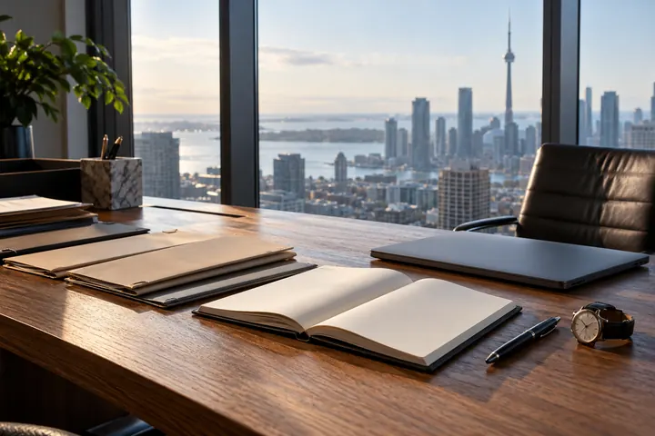 Treasury planning materials on a desk overlooking a Canadian city