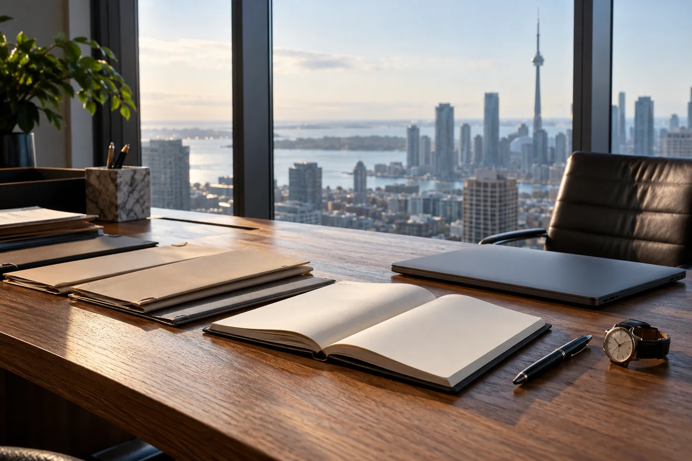 Treasury planning materials on a desk overlooking a Canadian city
