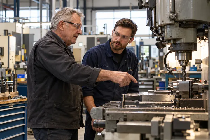 Experienced business owner and next-generation manager discussing workshop operations