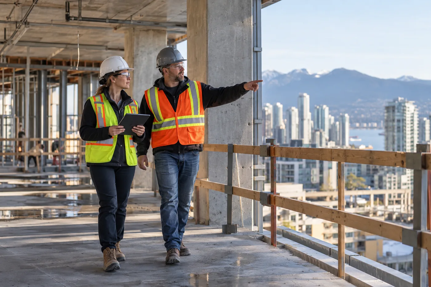 Owner representative and site supervisor reviewing progress on a building project