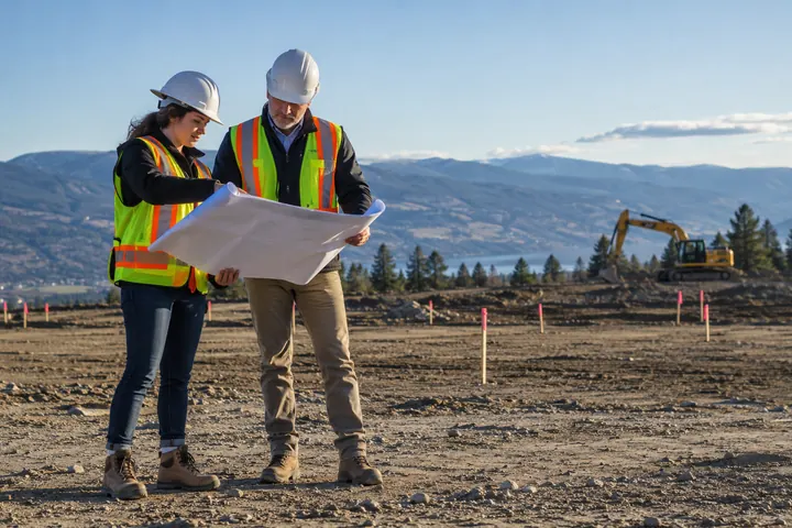 Construction professionals reviewing an undeveloped site before building begins