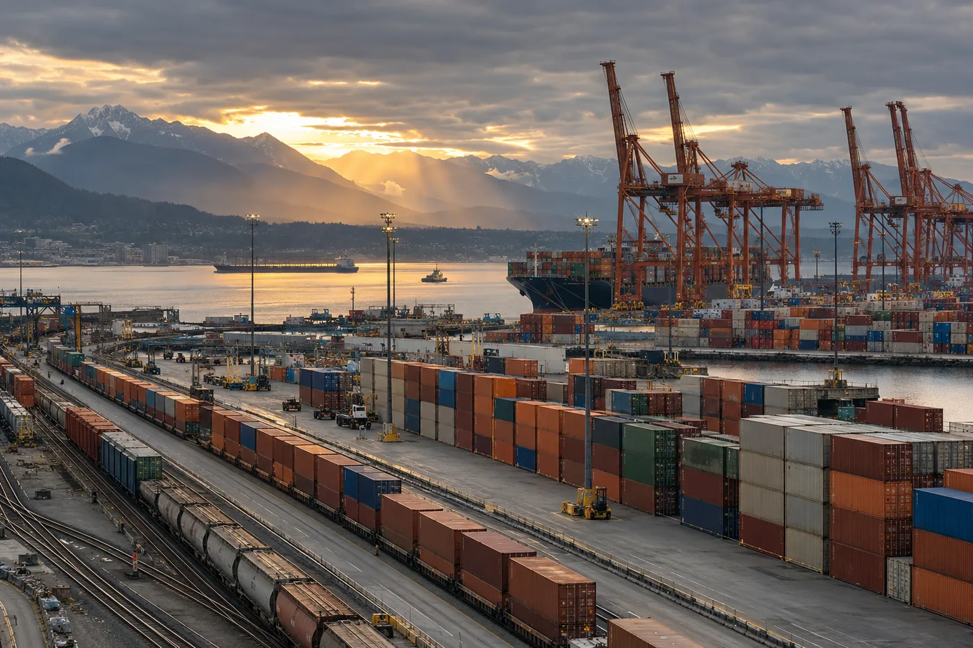 Terminal à conteneurs, grues et voies ferrées au bord d’un port canadien entouré de montagnes