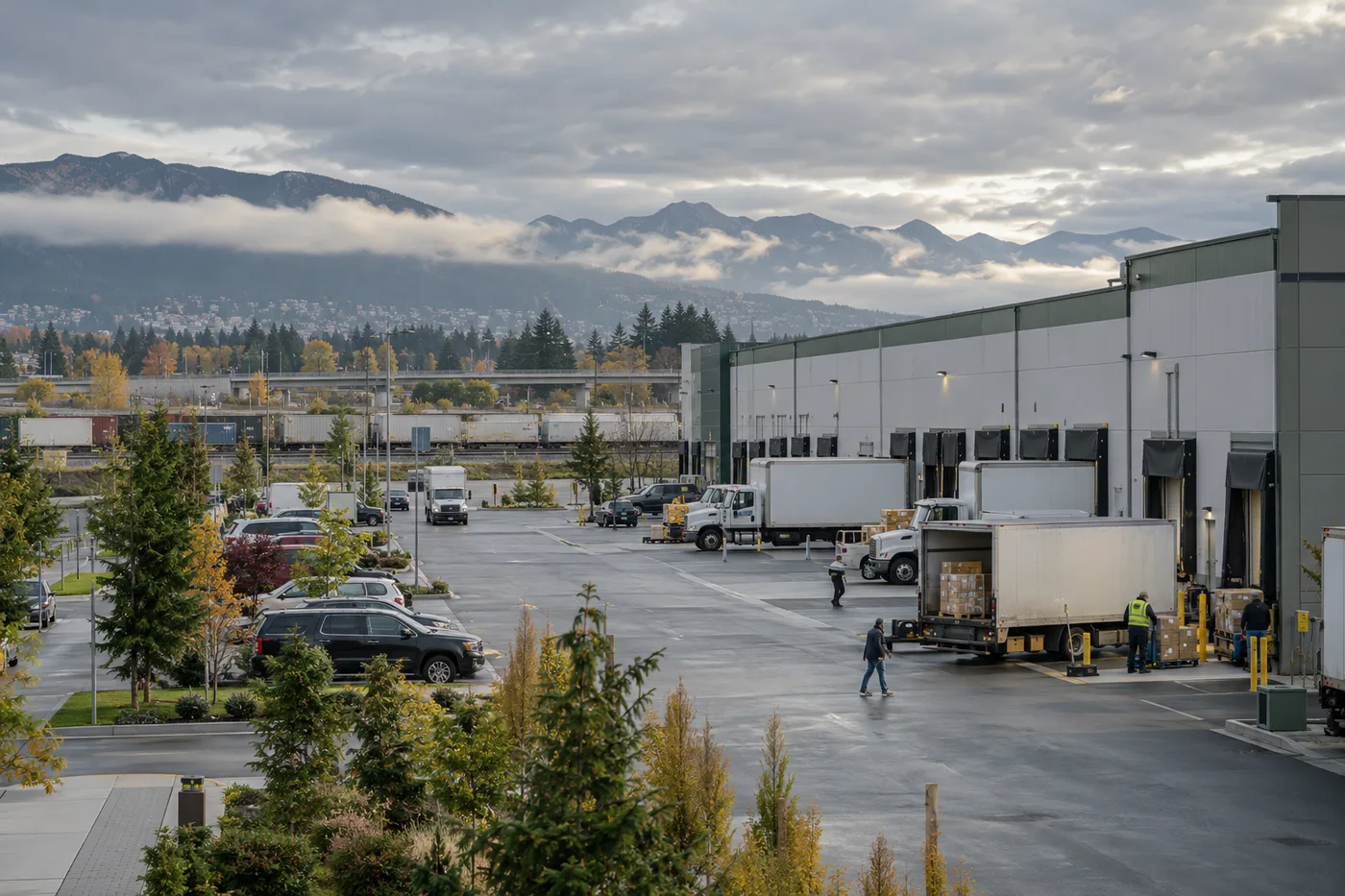 Canadian industrial businesses and freight activity on a cloudy morning
