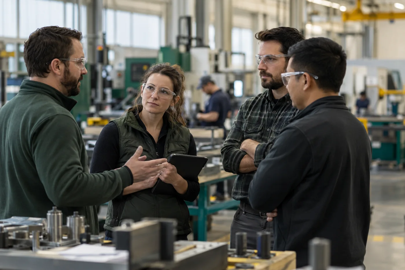 Une équipe de direction discute des responsabilités opérationnelles dans un atelier d’entreprise