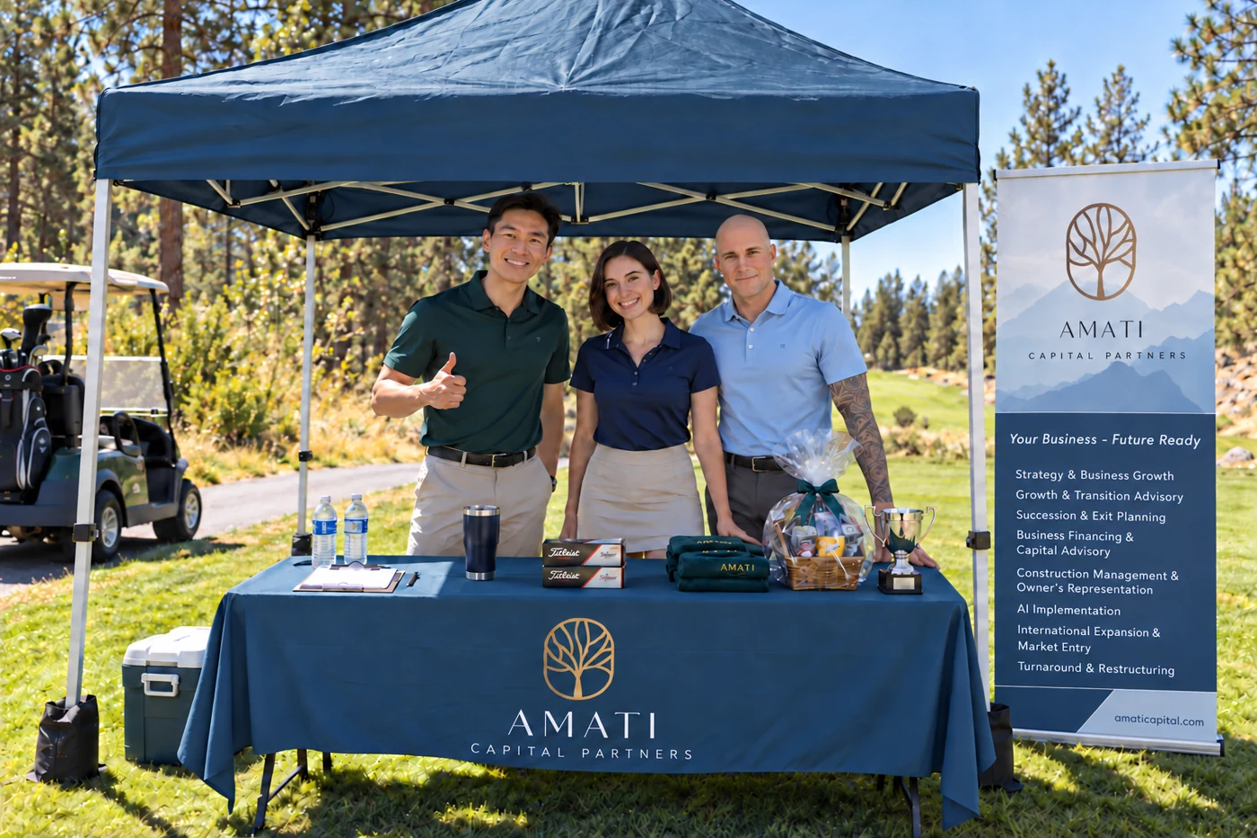 Golf-event concept showing an Amati sponsorship tent and prize table