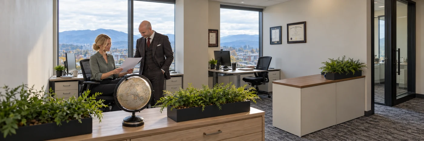 Office concept showing colleagues reviewing a document beside the mountain-view windows