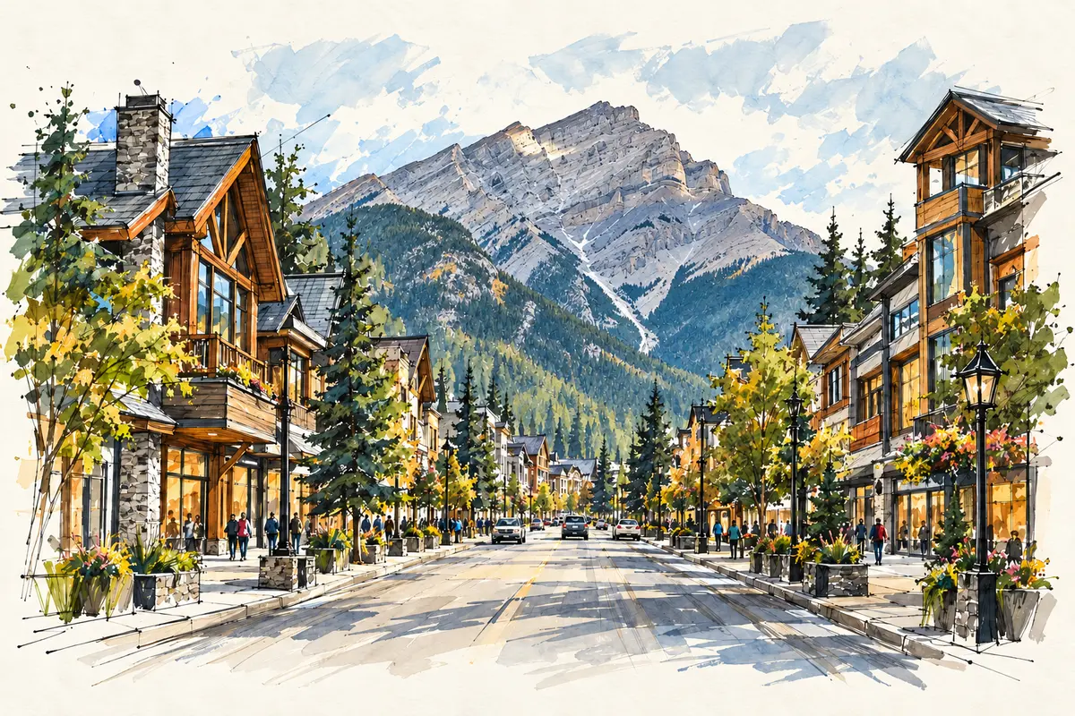 Ink and watercolour sketch looking along Banff Avenue toward Cascade Mountain, with alpine storefronts on either side.
