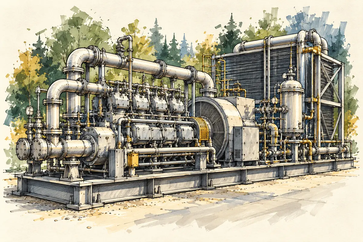 Ink and watercolour engineering sketch of a large skid-mounted industrial compressor with piping, valves and a cooler.