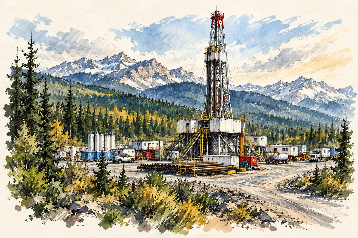 Ink and watercolour sketch of an oil and gas drilling-rig site framed by conifers and Canadian mountain peaks.