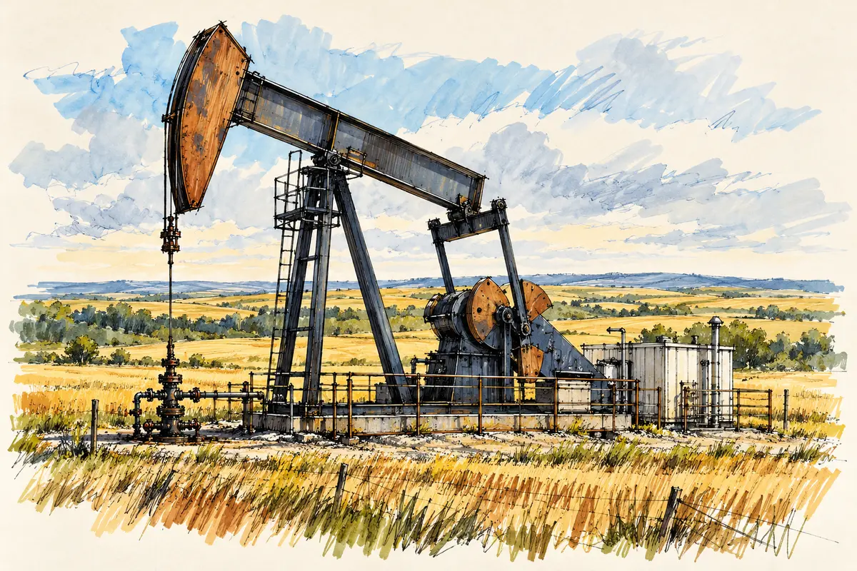 Ink and watercolour sketch of an oil pump jack in golden Canadian prairie fields.