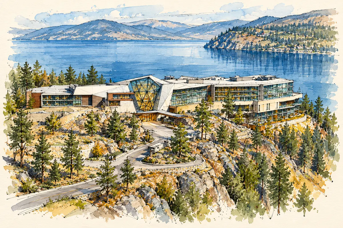 Architectural ink and watercolour sketch of Sparkling Hill Resort on its rocky Okanagan hillside above the lake.