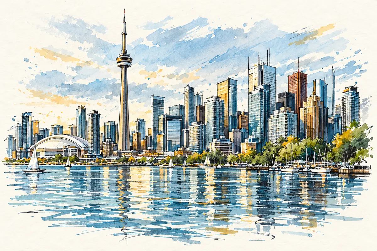 Ink and watercolour sketch of Toronto’s skyline and the CN Tower viewed from the harbour.