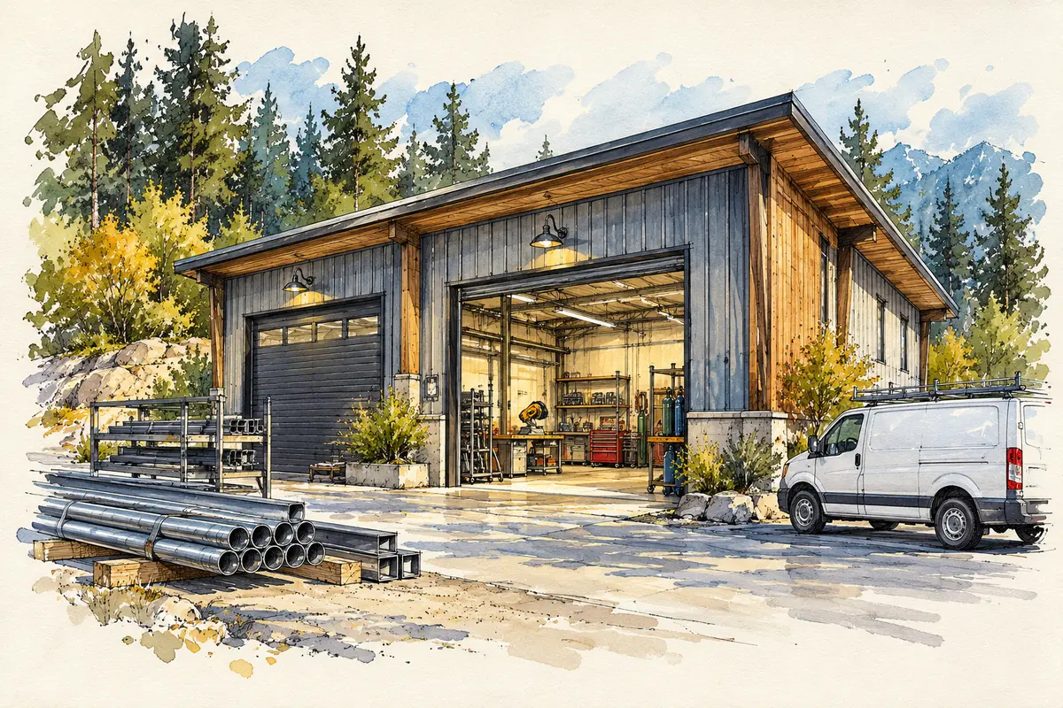 Ink and watercolour sketch of a generic skilled-trades workshop with service bays and an unmarked van.