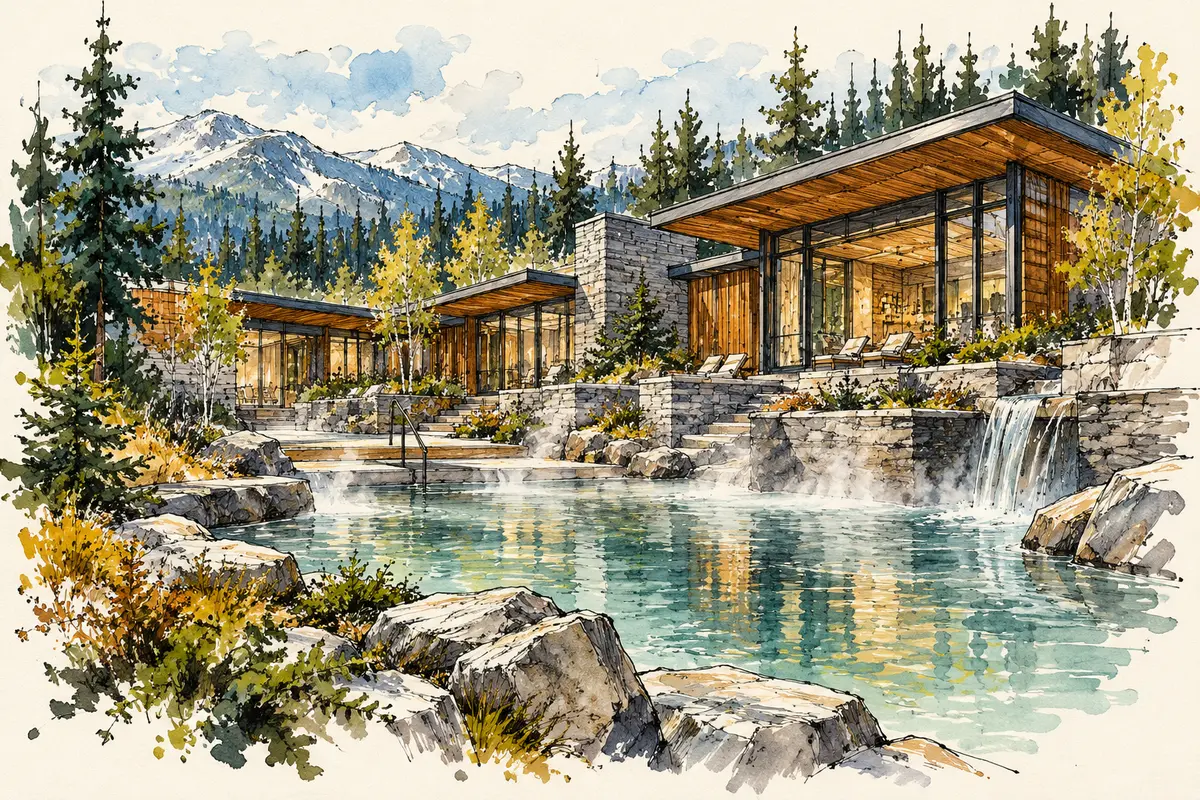 Ink and watercolour illustration of a fictional Yukon hot-springs property with timber pavilions and a steaming mineral pool.